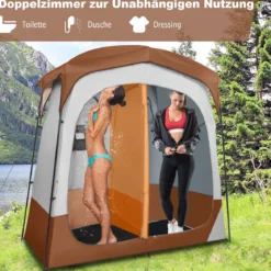 Duschzelt mit 2 Räumen & Abnehmbarem Regenschutz & Innentasche Toilettenzelt Braun