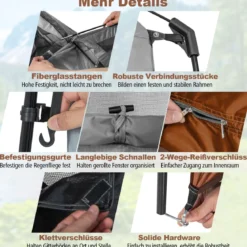 Duschzelt mit 2 Räumen & Abnehmbarem Regenschutz & Innentasche Toilettenzelt Braun