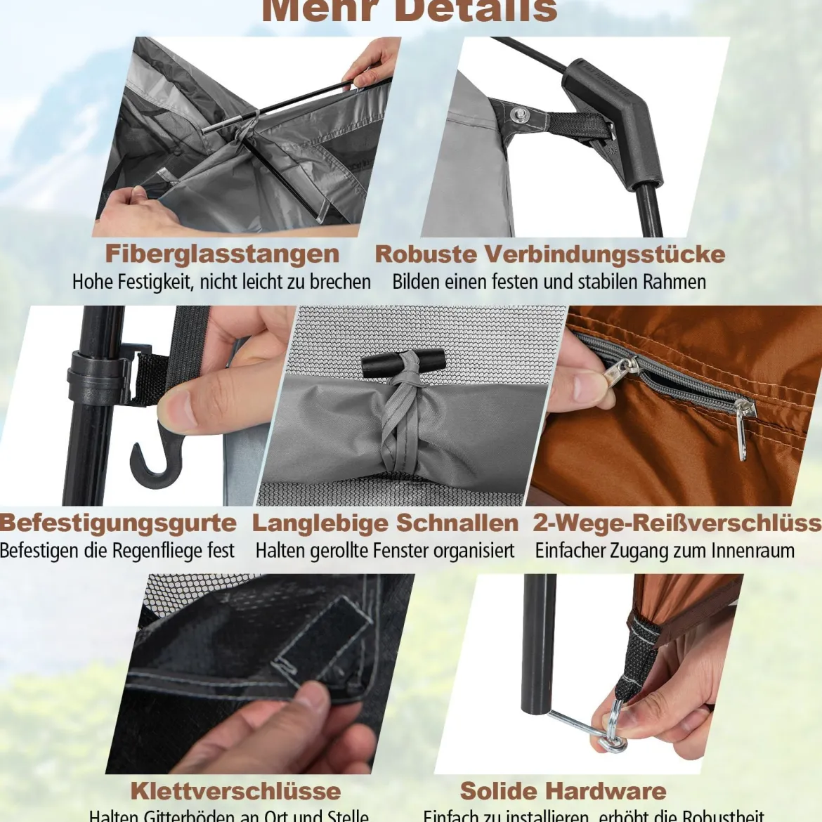 Duschzelt mit 2 Räumen & Abnehmbarem Regenschutz & Innentasche Toilettenzelt Braun