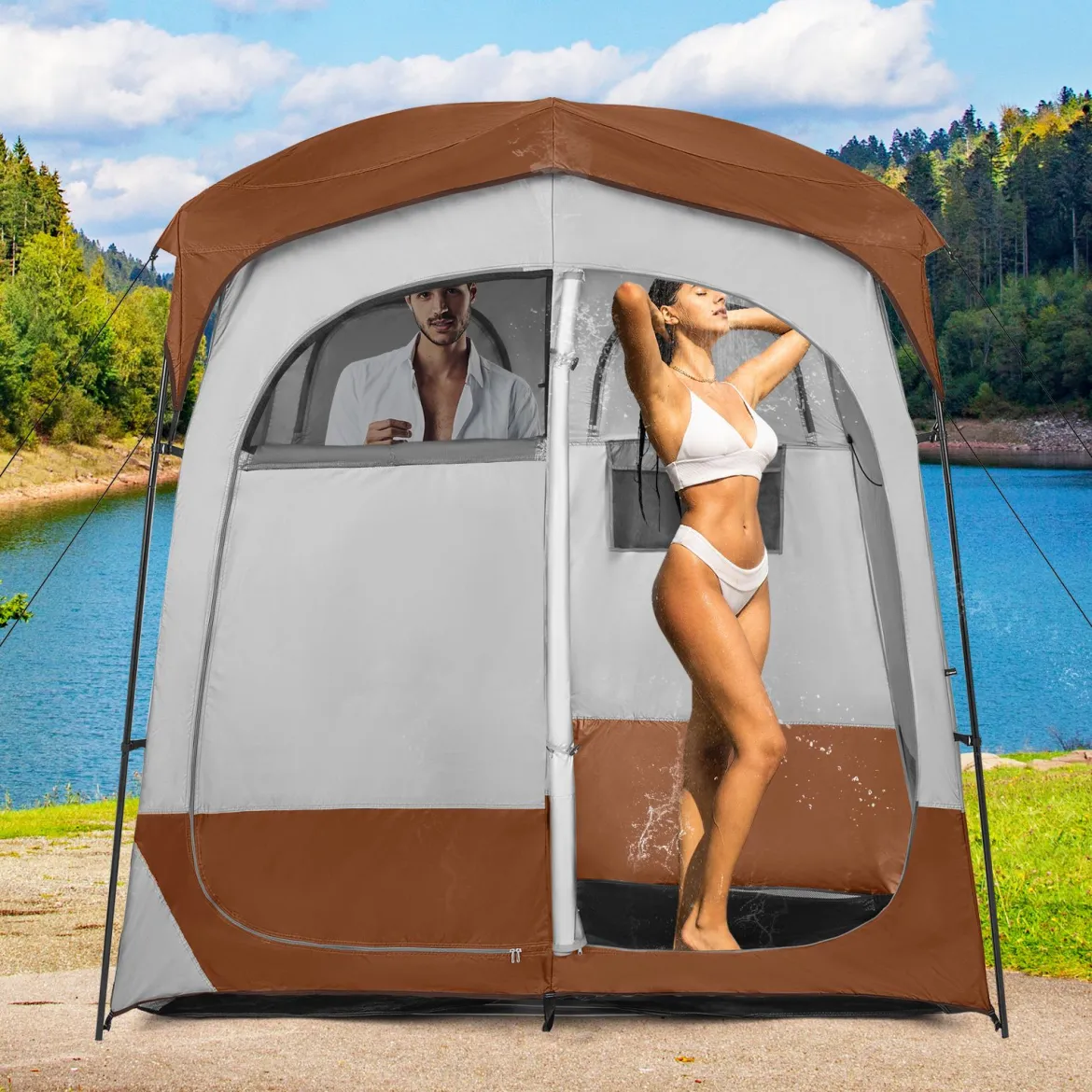 Duschzelt mit 2 Räumen & Abnehmbarem Regenschutz & Innentasche Toilettenzelt Braun