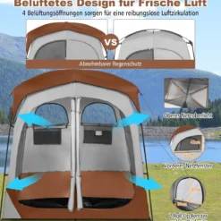 Duschzelt mit 2 Räumen & Abnehmbarem Regenschutz & Innentasche Toilettenzelt Braun