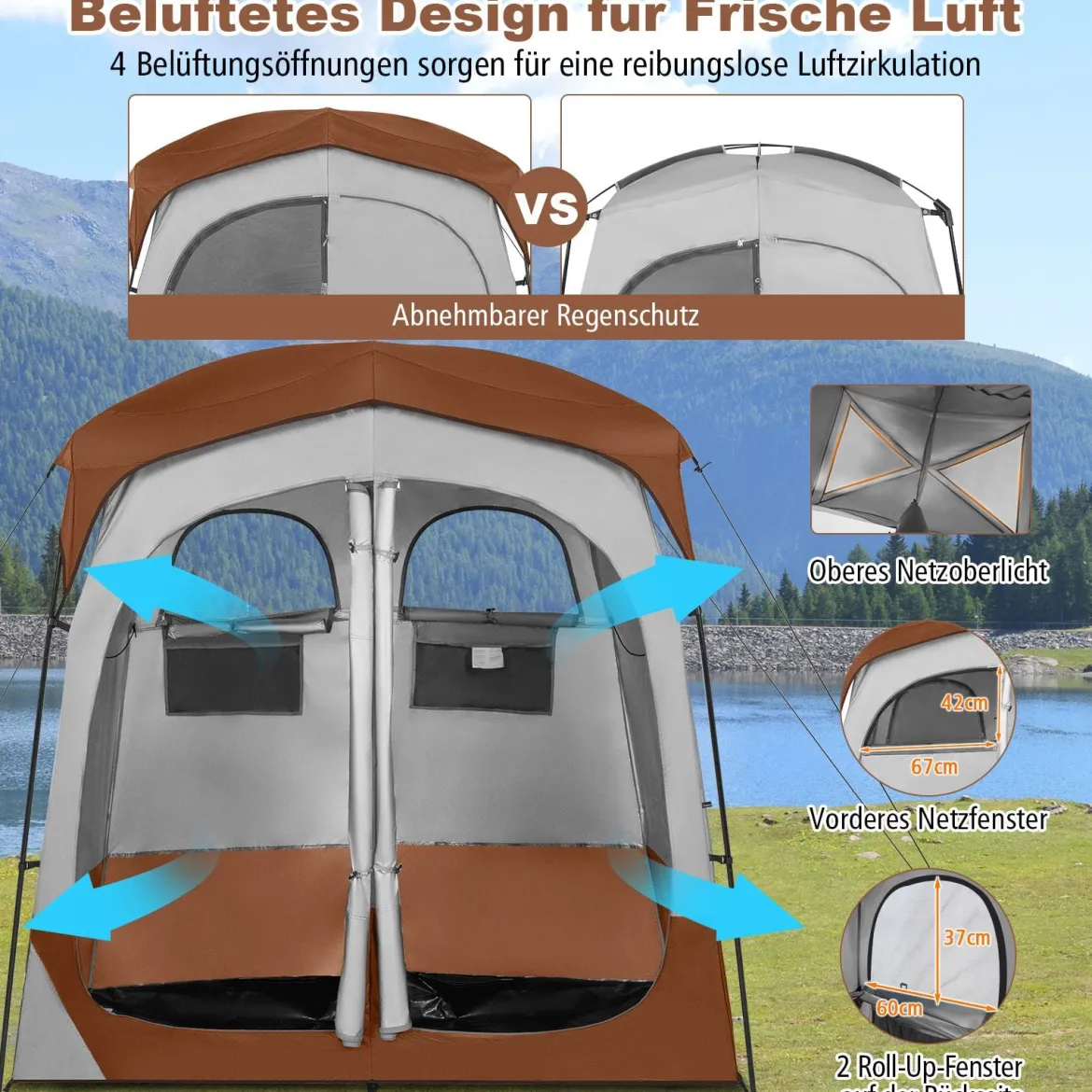 Duschzelt mit 2 Räumen & Abnehmbarem Regenschutz & Innentasche Toilettenzelt Braun