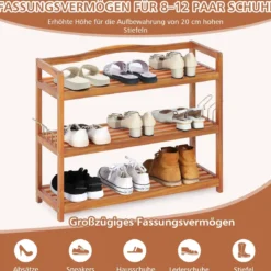 3 Ebenen Akazienholz Schuhregal mit Seitlichen Metallhaken Schuhablage Hält bis zu 12-18 Paar