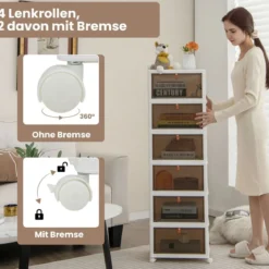 3/4/6-Ebenen Aufbewahrungsboxen mit Deckel & Magnetischen Transparenten Türen & Rollen Weiß