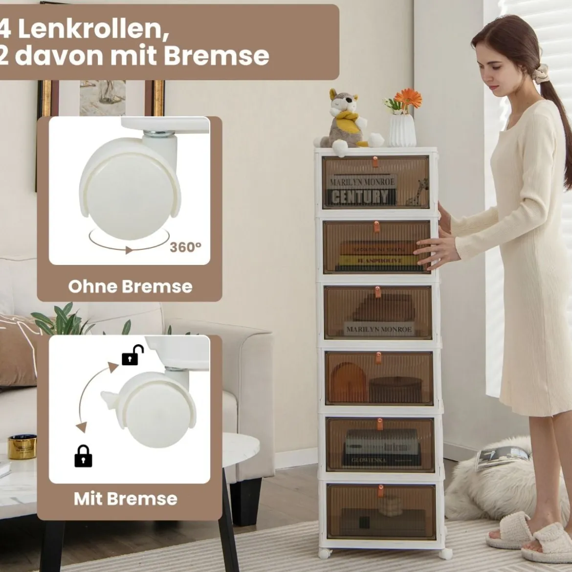 3/4/6-Ebenen Aufbewahrungsboxen mit Deckel & Magnetischen Transparenten Türen & Rollen Weiß