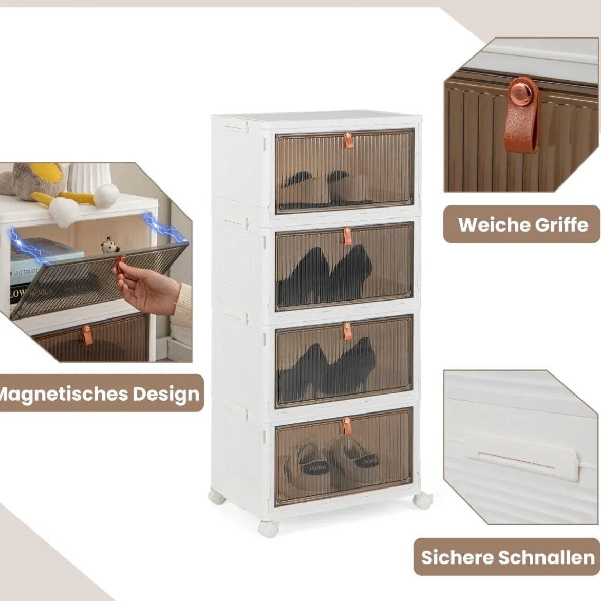 3/4/6-Ebenen Aufbewahrungsboxen mit Deckel & Magnetischen Transparenten Türen & Rollen Weiß