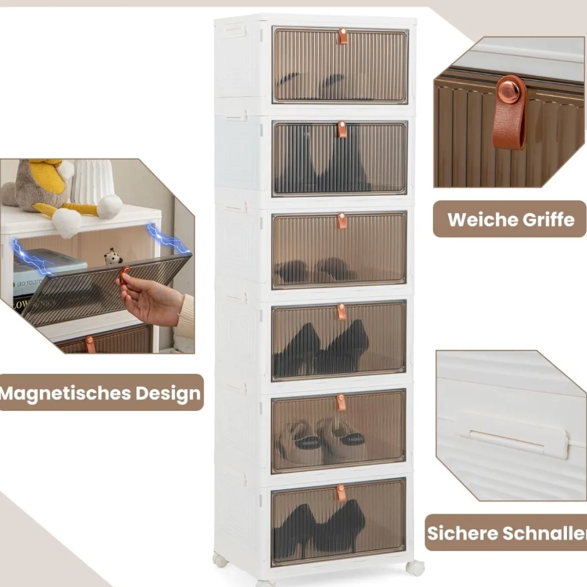 3/4/6-Ebenen Aufbewahrungsboxen mit Deckel & Magnetischen Transparenten Türen & Rollen Weiß