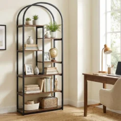 7 Ebenen Bücherregal Bogenförmiges Regal Metallregal im Industriestil Standregal Braun