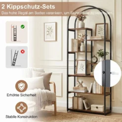 7 Ebenen Bücherregal Bogenförmiges Regal Metallregal im Industriestil Standregal Braun