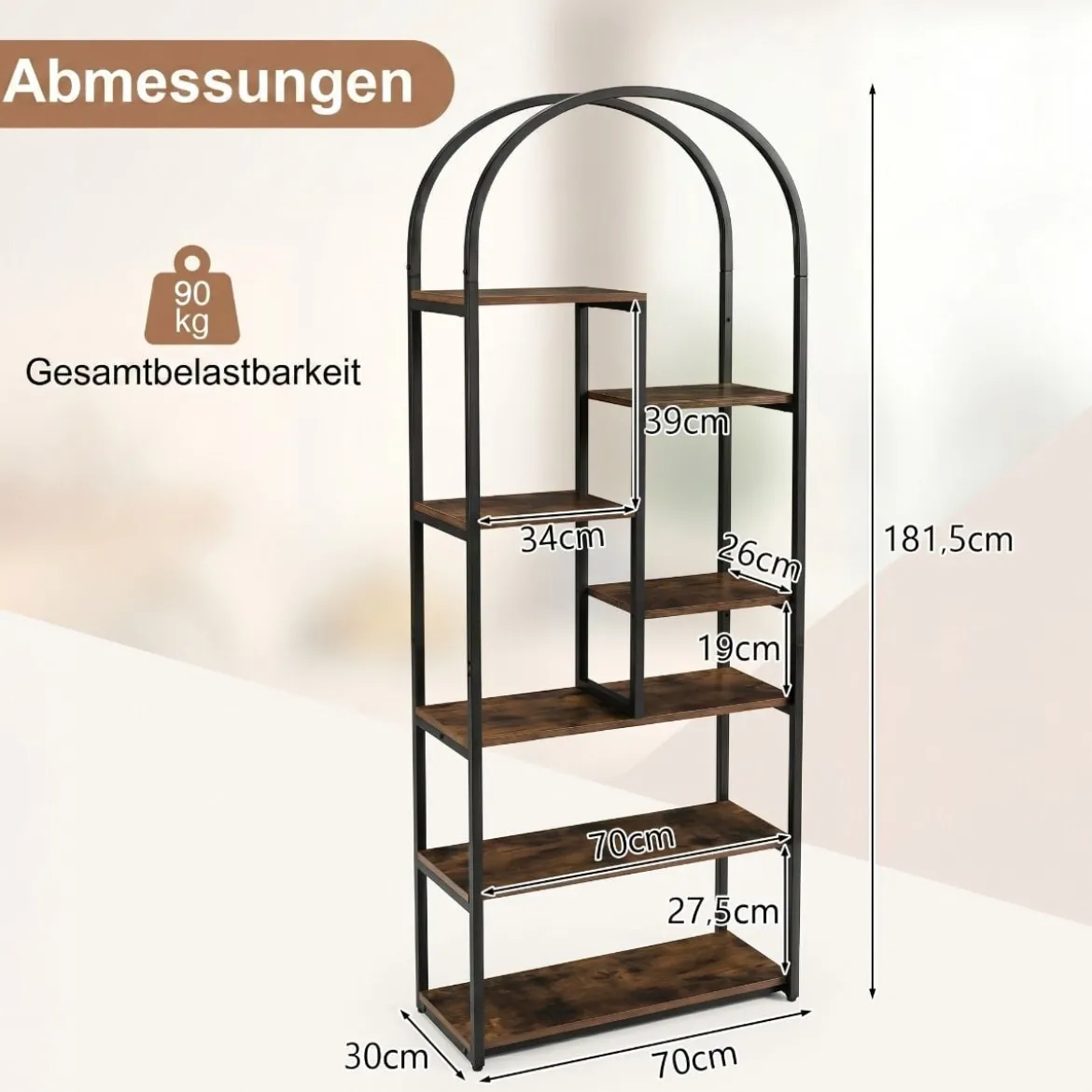 7 Ebenen Bücherregal Bogenförmiges Regal Metallregal im Industriestil Standregal Braun