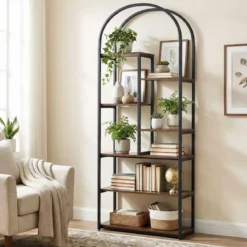 7 Ebenen Bücherregal Bogenförmiges Regal Metallregal im Industriestil Standregal Braun