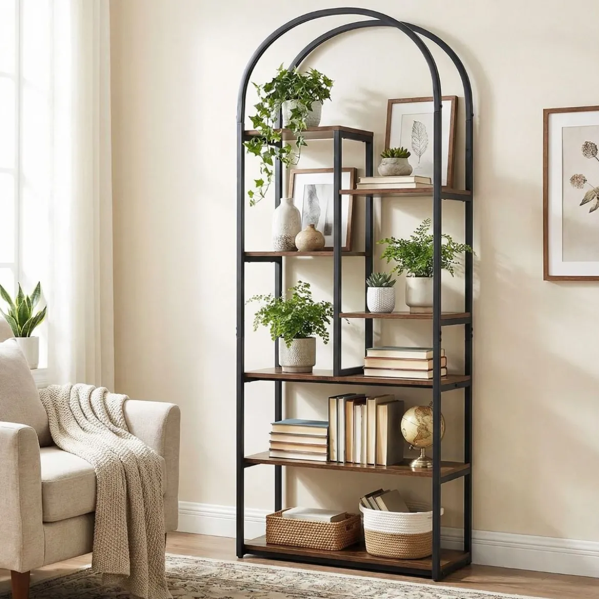 7 Ebenen Bücherregal Bogenförmiges Regal Metallregal im Industriestil Standregal Braun
