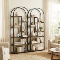 7 Ebenen Bücherregal Bogenförmiges Regal Metallregal im Industriestil Standregal Braun