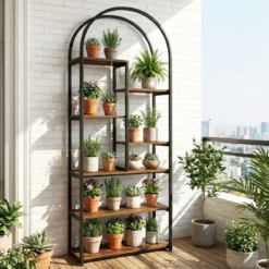 7 Ebenen Bücherregal Bogenförmiges Regal Metallregal im Industriestil Standregal Braun