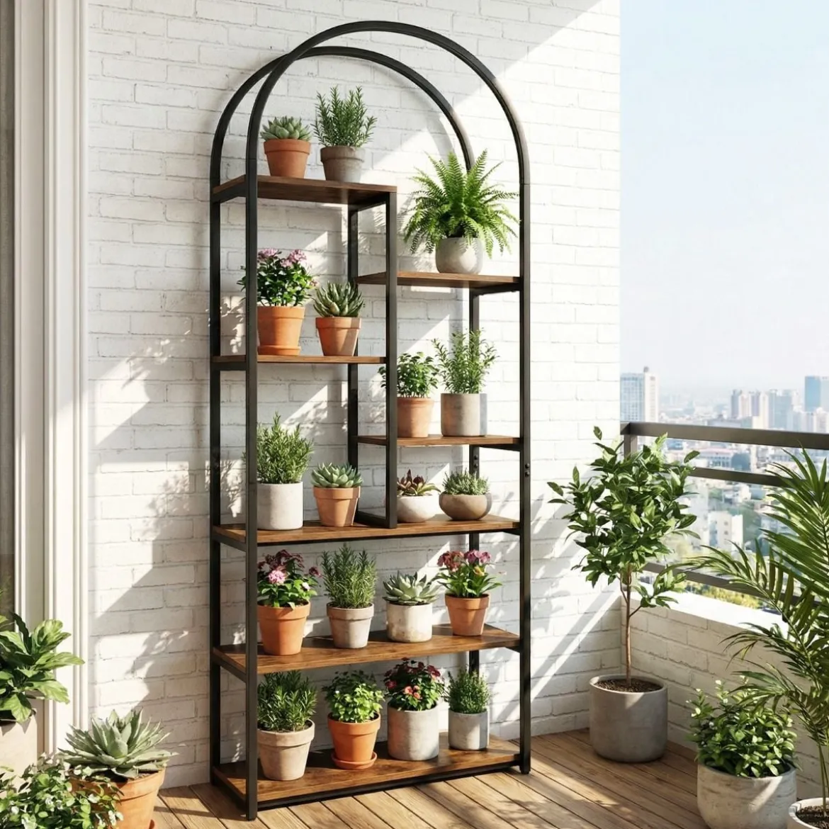 7 Ebenen Bücherregal Bogenförmiges Regal Metallregal im Industriestil Standregal Braun