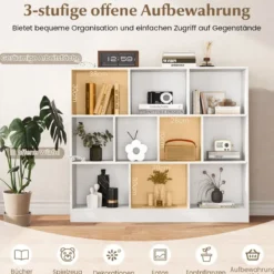3 Ebenen Bücherregal mit 10 Fächern Standregal Würfelregal Büroregal 120 x 24 x 104 cm