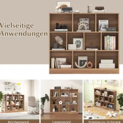 3 Ebenen Bücherregal mit 10 Fächern Standregal Würfelregal Büroregal 120 x 24 x 104 cm