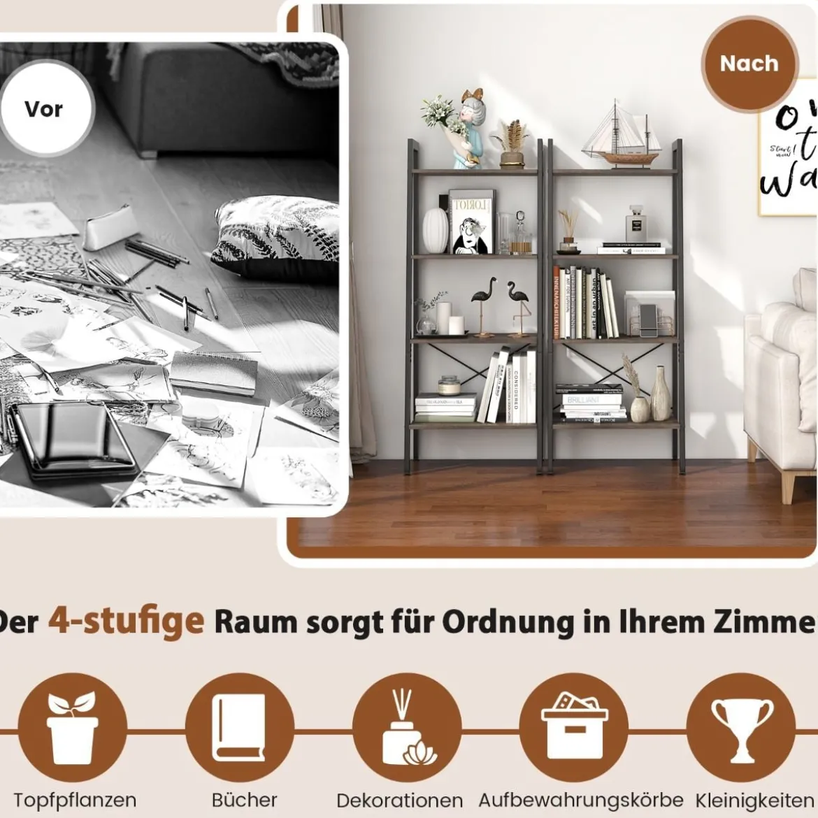 4 Ebenen Bücherregal mit Metallrahmen & Verstellbaren Fußpolstern Graue Eiche