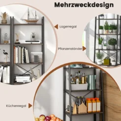 4 Ebenen Bücherregal mit Metallrahmen & Verstellbaren Fußpolstern Graue Eiche