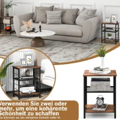 3 Ebenen Beistelltisch Industrie Design Nachttisch mit Verstellbarer Gitterablage 38,5 x 30 x 50 cm
