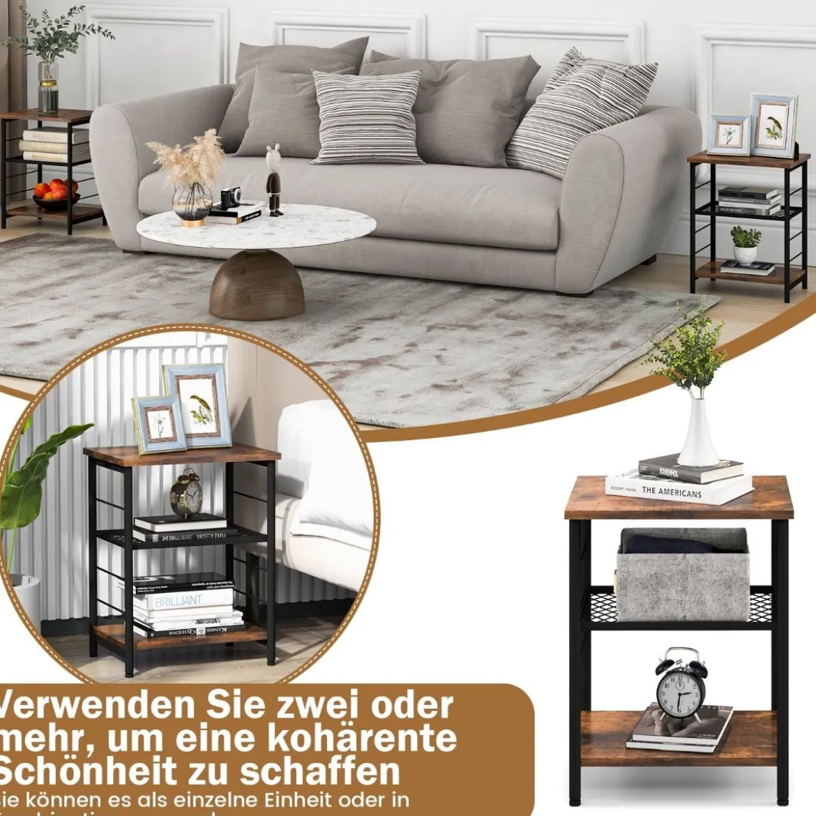 3 Ebenen Beistelltisch Industrie Design Nachttisch mit Verstellbarer Gitterablage 38,5 x 30 x 50 cm