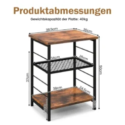 3 Ebenen Beistelltisch Industrie Design Nachttisch mit Verstellbarer Gitterablage 38,5 x 30 x 50 cm