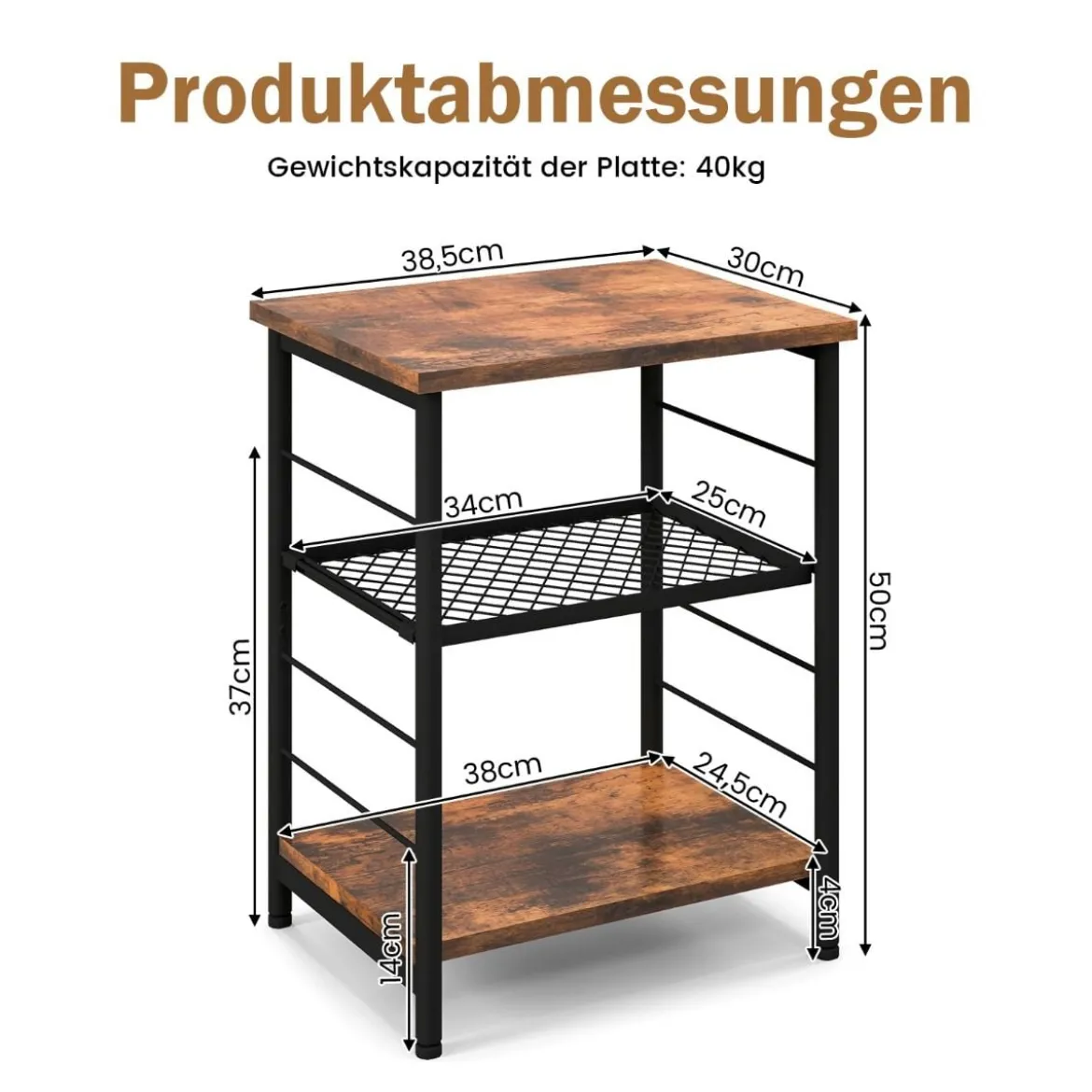 3 Ebenen Beistelltisch Industrie Design Nachttisch mit Verstellbarer Gitterablage 38,5 x 30 x 50 cm