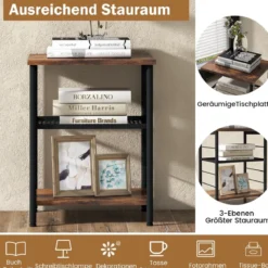 3 Ebenen Beistelltisch Industrie Design Nachttisch mit Verstellbarer Gitterablage 38,5 x 30 x 50 cm