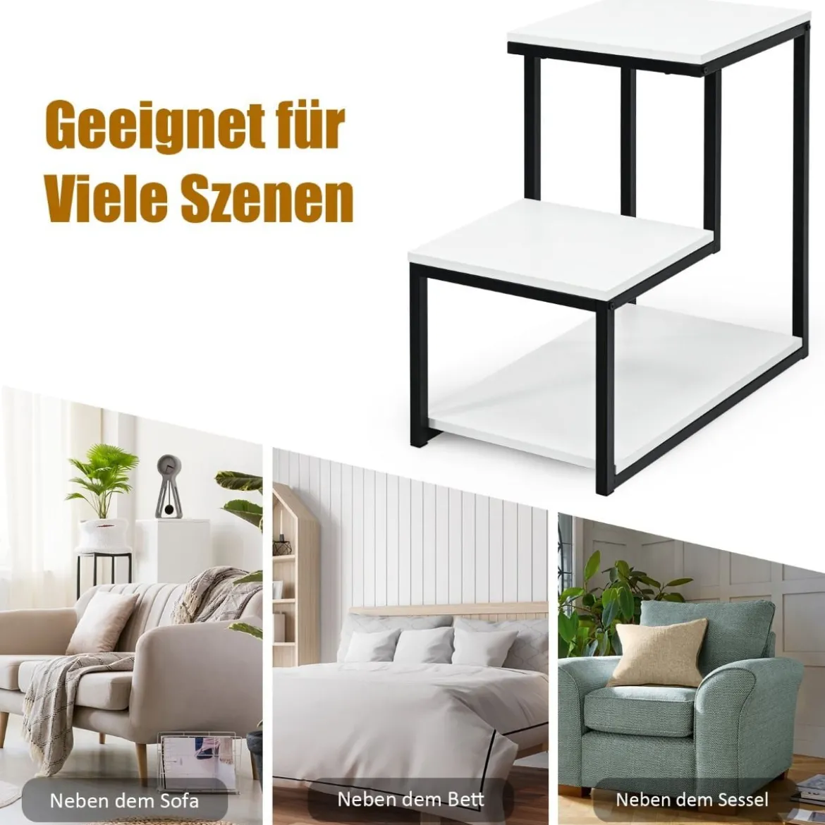 3 Ebenen Beistelltisch Industriell Nachttisch für Wohnzimmer 60 x 35 x 59,5 cm Weiß