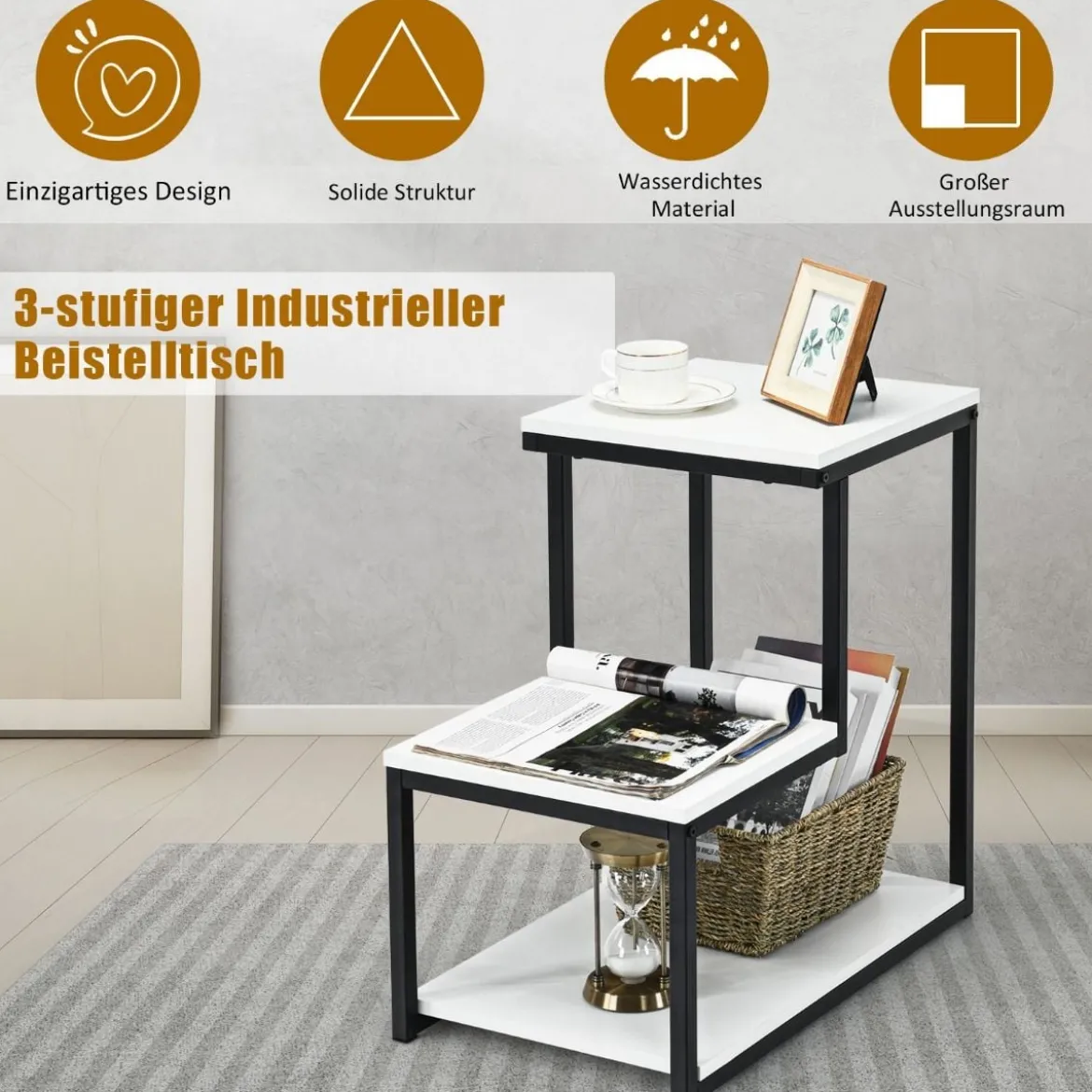 3 Ebenen Beistelltisch Industriell Nachttisch für Wohnzimmer 60 x 35 x 59,5 cm Weiß