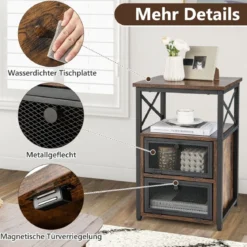 4 Ebenen Beistelltisch Industrie Design Nachttisch mit 2 Klappschubladen 60,5 x 40 x 35 cm Rustikales Braun