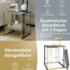 2 Ebenen Beistelltisch Marmor Optik mit abnehmbarer Ablage Sofatisch mit Metallrahmen 39 x 39 x 45 cm