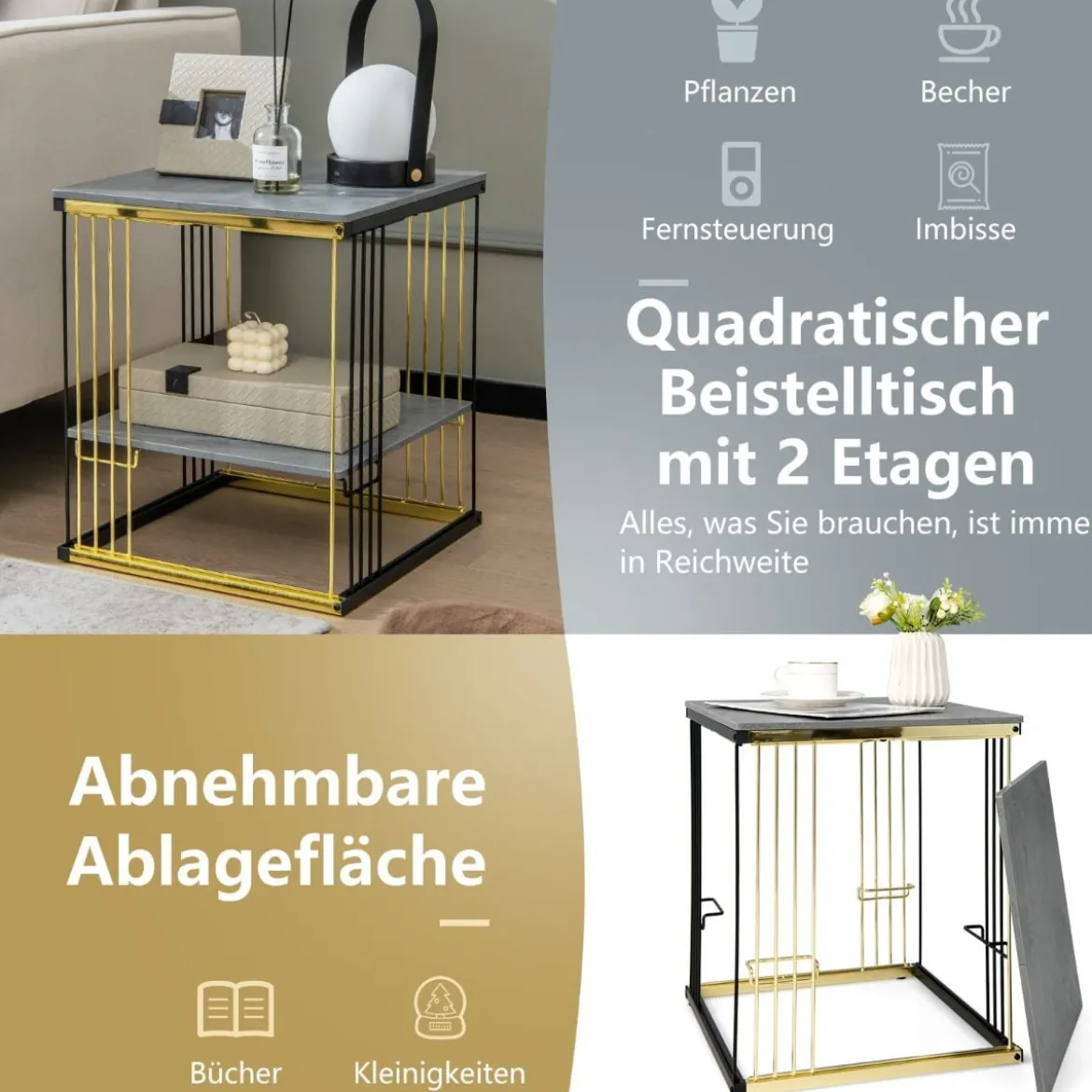2 Ebenen Beistelltisch Marmor Optik mit abnehmbarer Ablage Sofatisch mit Metallrahmen 39 x 39 x 45 cm