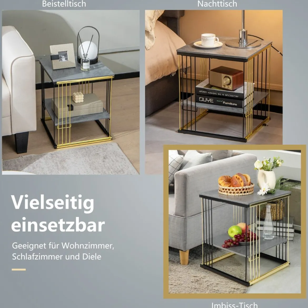 2 Ebenen Beistelltisch Marmor Optik mit abnehmbarer Ablage Sofatisch mit Metallrahmen 39 x 39 x 45 cm