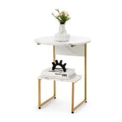 2 Ebenen Beistelltisch Marmoroptik mit Goldnen Beinen 50x50x61cm Weiß