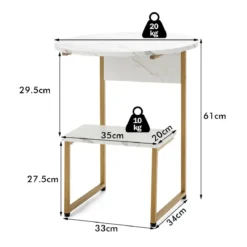 2 Ebenen Beistelltisch Marmoroptik mit Goldnen Beinen 50x50x61cm Weiß