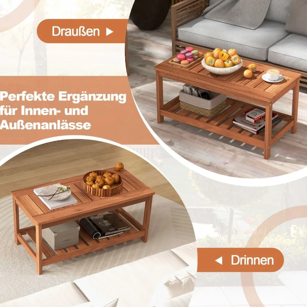 2 Ebenen Beistelltisch mit Ablage Outdoor Wetterfester Couchtisch Kaffeetisch 90 x 45 x 45 cm
