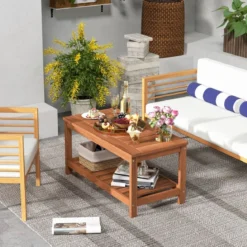 2 Ebenen Beistelltisch mit Ablage Outdoor Wetterfester Couchtisch Kaffeetisch 90 x 45 x 45 cm