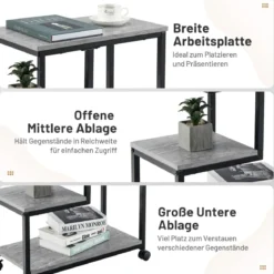 3 Ebenen Beistelltisch mit Marmoroptik & Universalrollen Moderner Nachttisch 60 x 30 x 59 cm