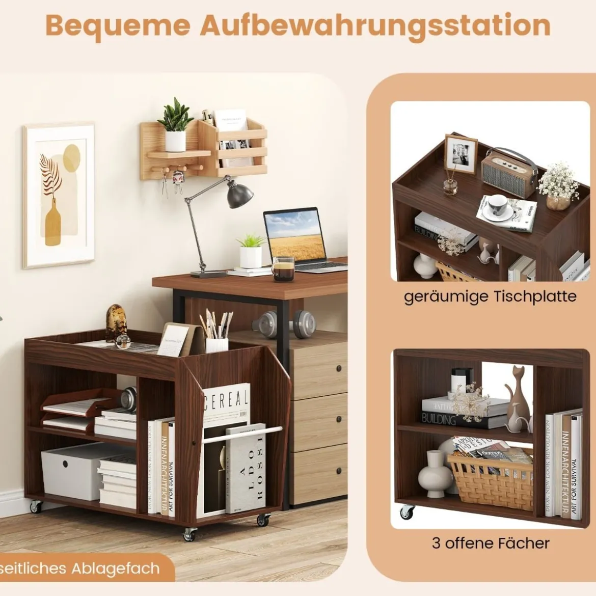 3 Ebenen Beistelltisch mit Rollen Nachttisch Nachtschrank Rollender Sofatisch Walnuss