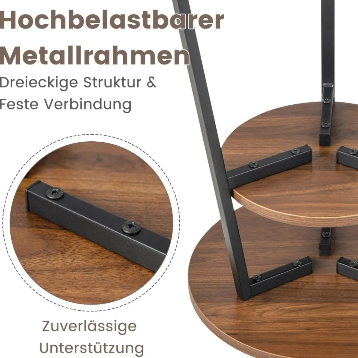 2 Ebenen Beistelltisch Rund Nachttisch mit Metallrahmen 39 x 39 x 55 cm Walnuss