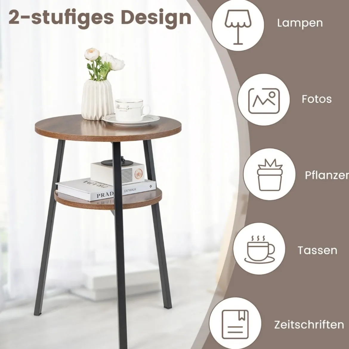 2 Ebenen Beistelltisch Rund Nachttisch mit Metallrahmen 39 x 39 x 55 cm Walnuss