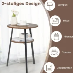 2 Ebenen Beistelltisch Rund Nachttisch mit Metallrahmen 39 x 39 x 55 cm Vintage