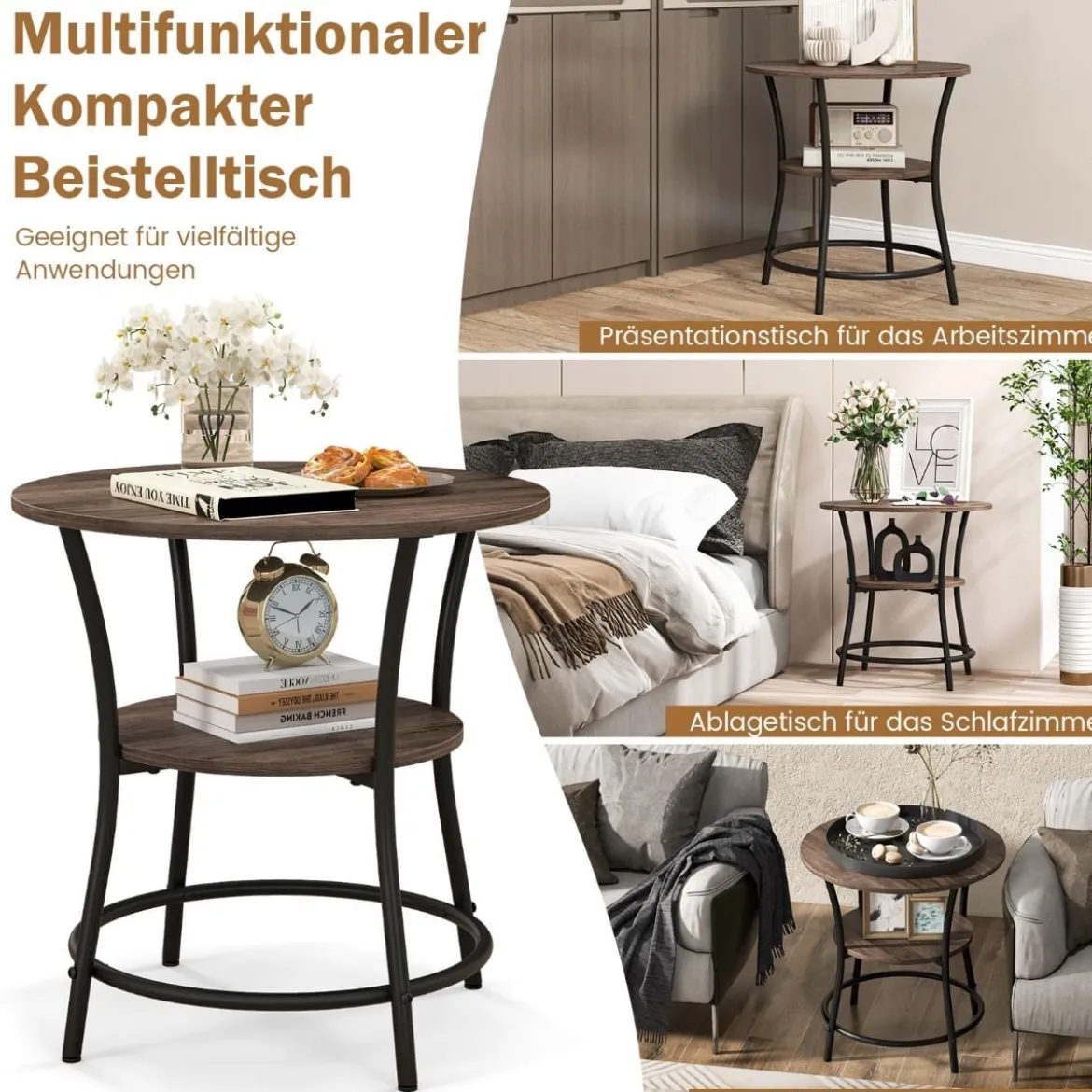 2 Ebenen Beistelltisch Rund Nachttisch mit Metallrahmen 55 x 55 x 56 cm Braun