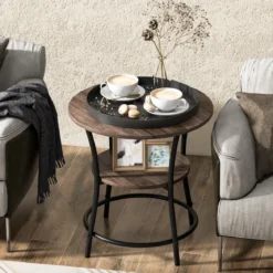 2 Ebenen Beistelltisch Rund Nachttisch mit Metallrahmen 55 x 55 x 56 cm Braun