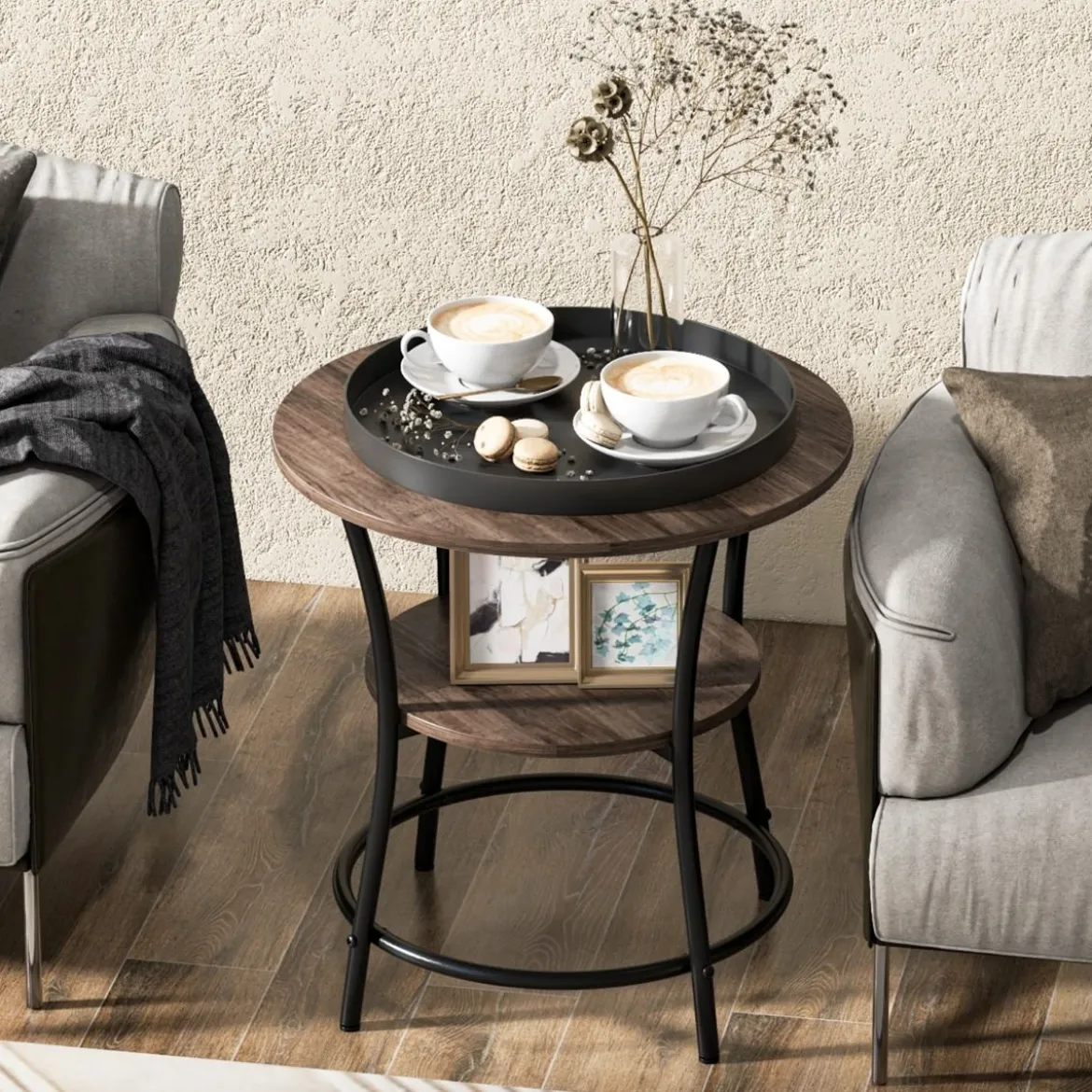 2 Ebenen Beistelltisch Rund Nachttisch mit Metallrahmen 55 x 55 x 56 cm Braun