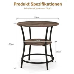 2 Ebenen Beistelltisch Rund Nachttisch mit Metallrahmen 55 x 55 x 56 cm Braun