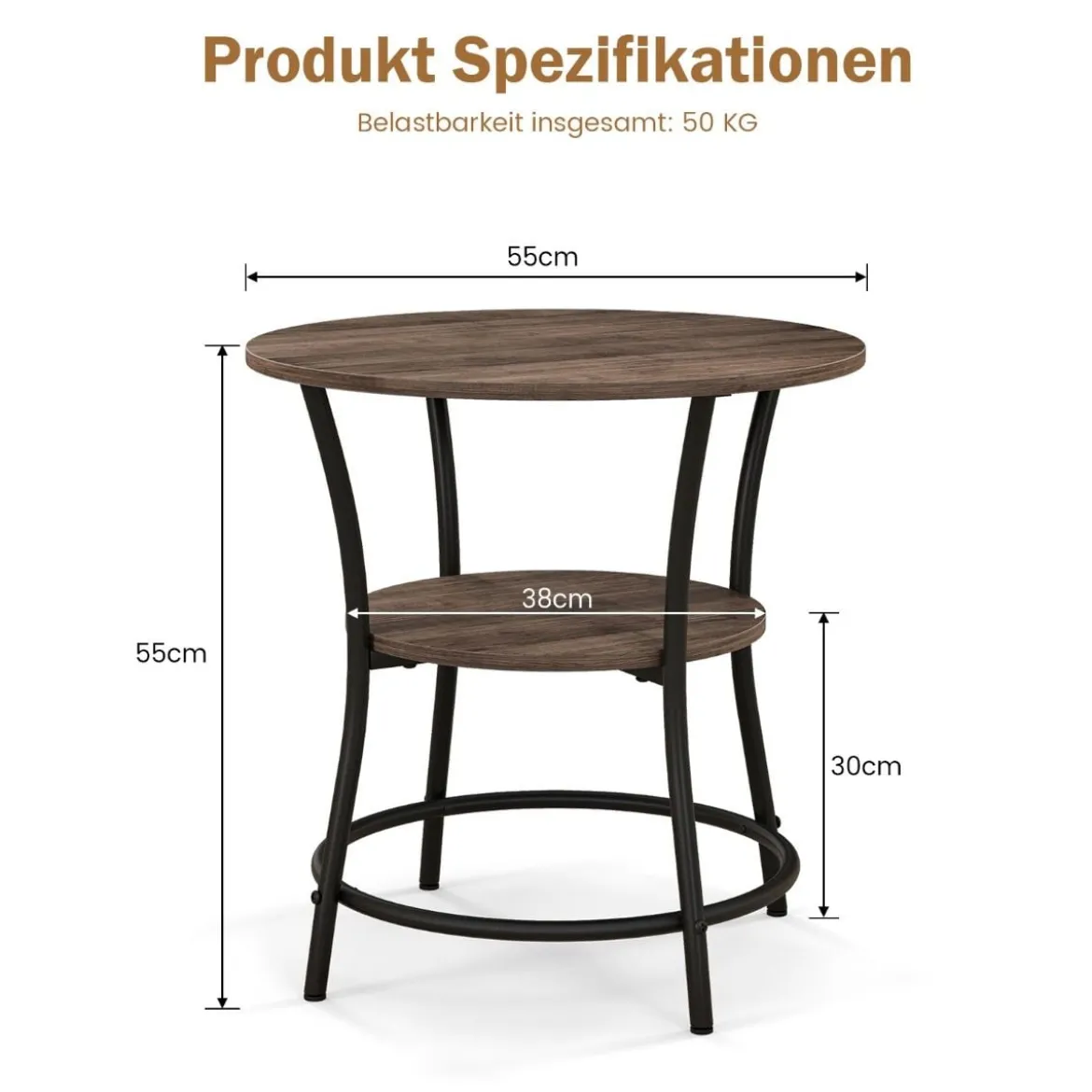 2 Ebenen Beistelltisch Rund Nachttisch mit Metallrahmen 55 x 55 x 56 cm Braun