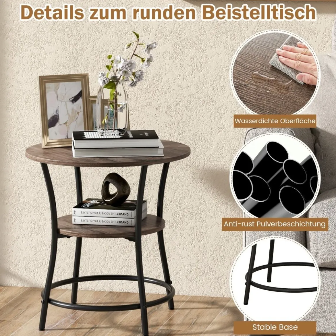 2 Ebenen Beistelltisch Rund Nachttisch mit Metallrahmen 55 x 55 x 56 cm Braun
