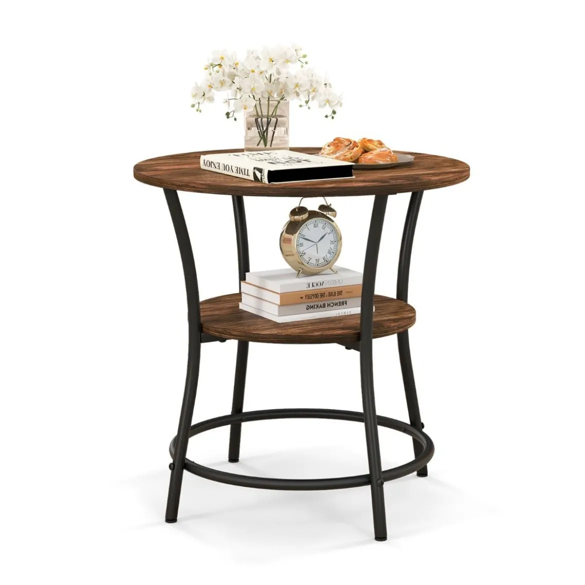 2 Ebenen Beistelltisch Rund Nachttisch mit Metallrahmen Vintage 55 x 55 x 56 cm